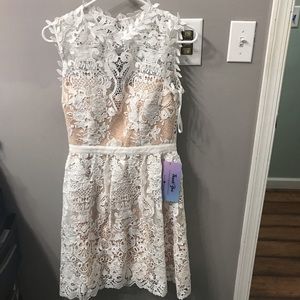 White lace dress with illusion neck line
